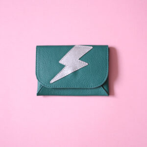 Micro pochette Eclair cuir vert & argent